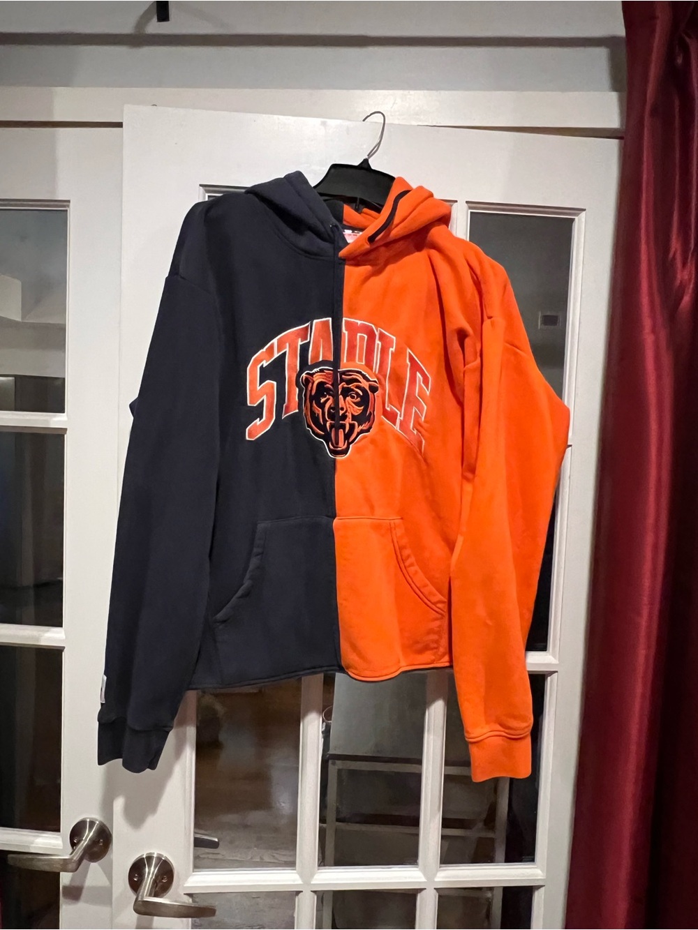 NFL Staple Two-Tone Split Crewneck Hoodie in Navy and Orange